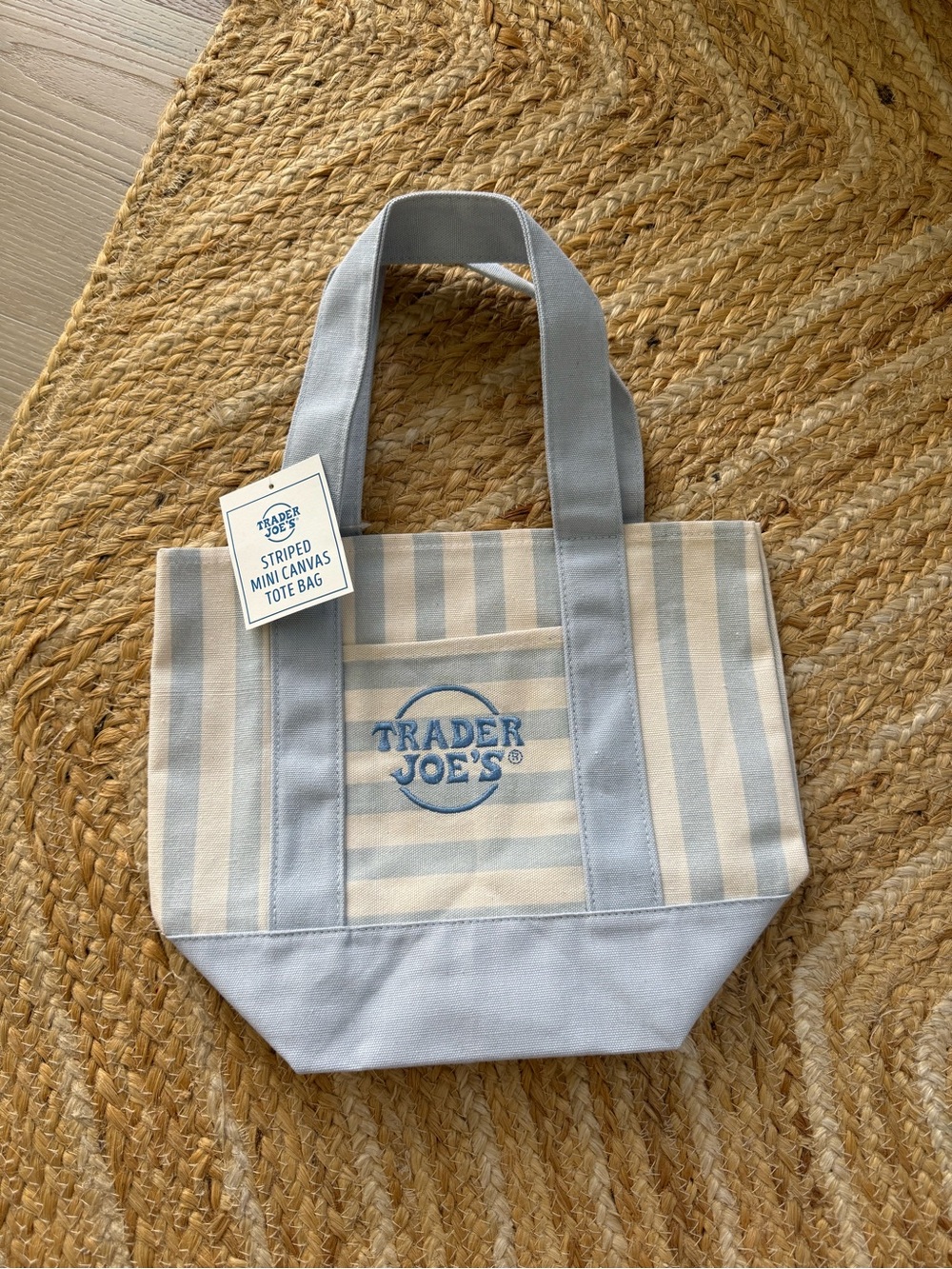 NEW Mini Tote! Trader Joe's Striped Mini Canvas Tote Bag in Light Blue & Cream
